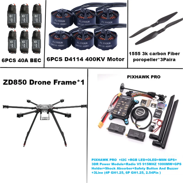 Rctosky ZD850 PRO M8N/M9N/M10 Full Carbon Fiber 850mm Hexa-Rotor Frame BLHELI 40A ESC PIXHAWK Flight Comtrol Rado Telemetry Set