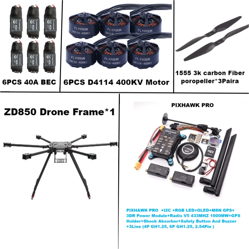 Rctosky ZD850 PRO M8N/M9N/M10 Full Carbon Fiber 850mm Hexa-Rotor Frame BLHELI 40A ESC PIXHAWK Flight Comtrol Rado Telemetry Set