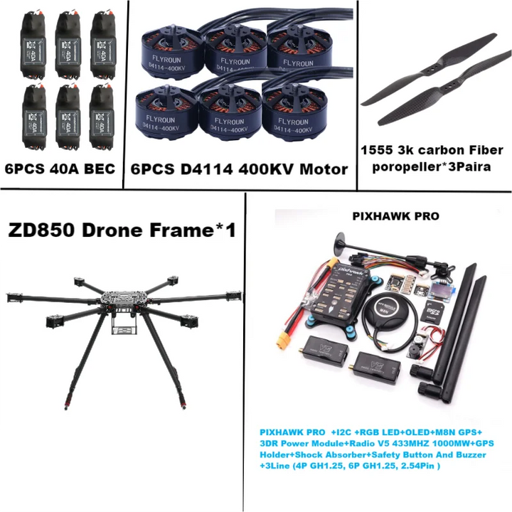 Rctosky ZD850 PRO M8N/M9N/M10 Full Carbon Fiber 850mm Hexa-Rotor Frame BLHELI 40A ESC PIXHAWK Flight Comtrol Rado Telemetry Set