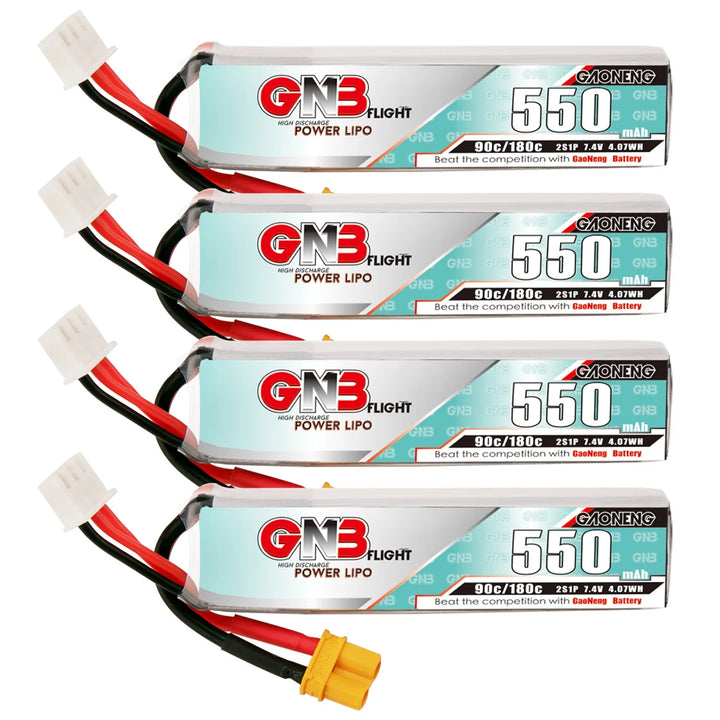 Gaoneng GNB 550mAh 2S 7.4V 90C Slender LiPo Battery XT30 — 1-6 Pack for Micro FPV