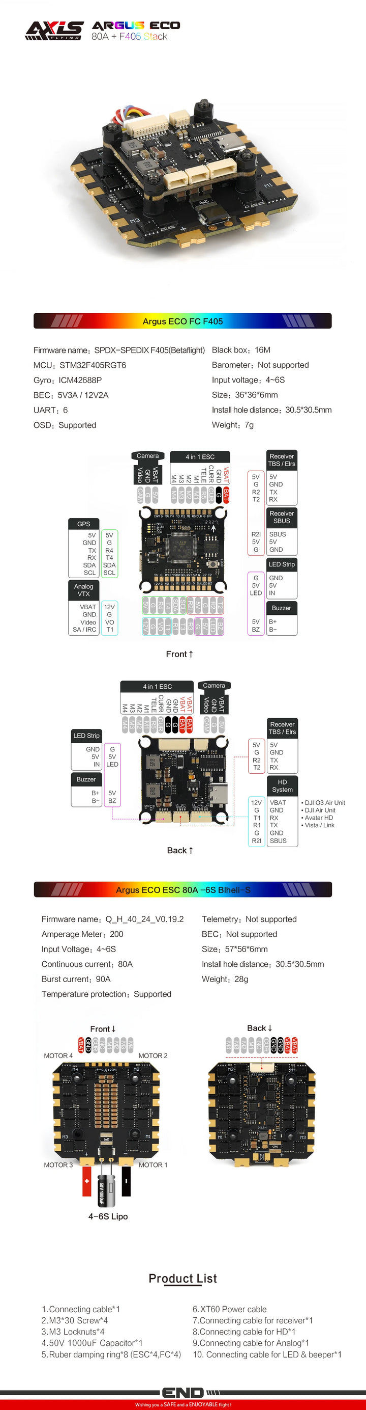 Axisflying Argus ECO Stack 80A+F722/F405 6S-8S Flight Control Suitable for 13 inch FPV Drone DIY Part