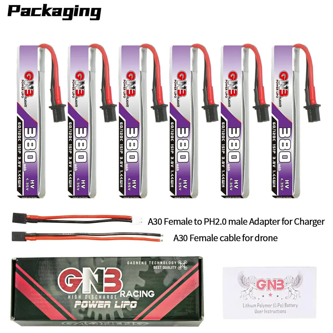 6PCS GAONENG 1S 380mAh 3.8V 60C GNB HV Lipo Battery A30 High Current Discharge Connector For FPV RC Tiny Whoop Drone DIY BT2.0