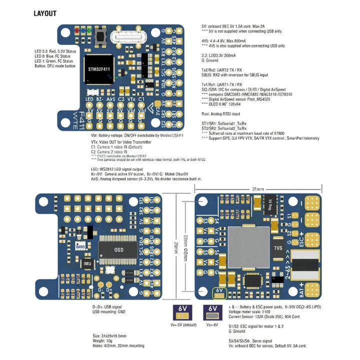 Matek F411-WTE Flight Controller with OSD Quadcopter Flight Control Board for FPVs Traversing Machine Drones P9JD