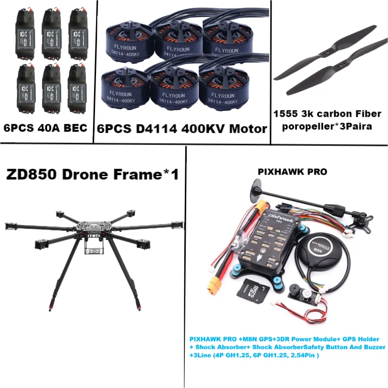 Rctosky ZD850 PRO M8N/M9N/M10 Full Carbon Fiber 850mm Hexa-Rotor Frame BLHELI 40A ESC PIXHAWK Flight Comtrol Rado Telemetry Set