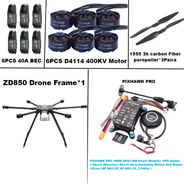 Rctosky ZD850 PRO M8N/M9N/M10 Full Carbon Fiber 850mm Hexa-Rotor Frame BLHELI 40A ESC PIXHAWK Flight Comtrol Rado Telemetry Set