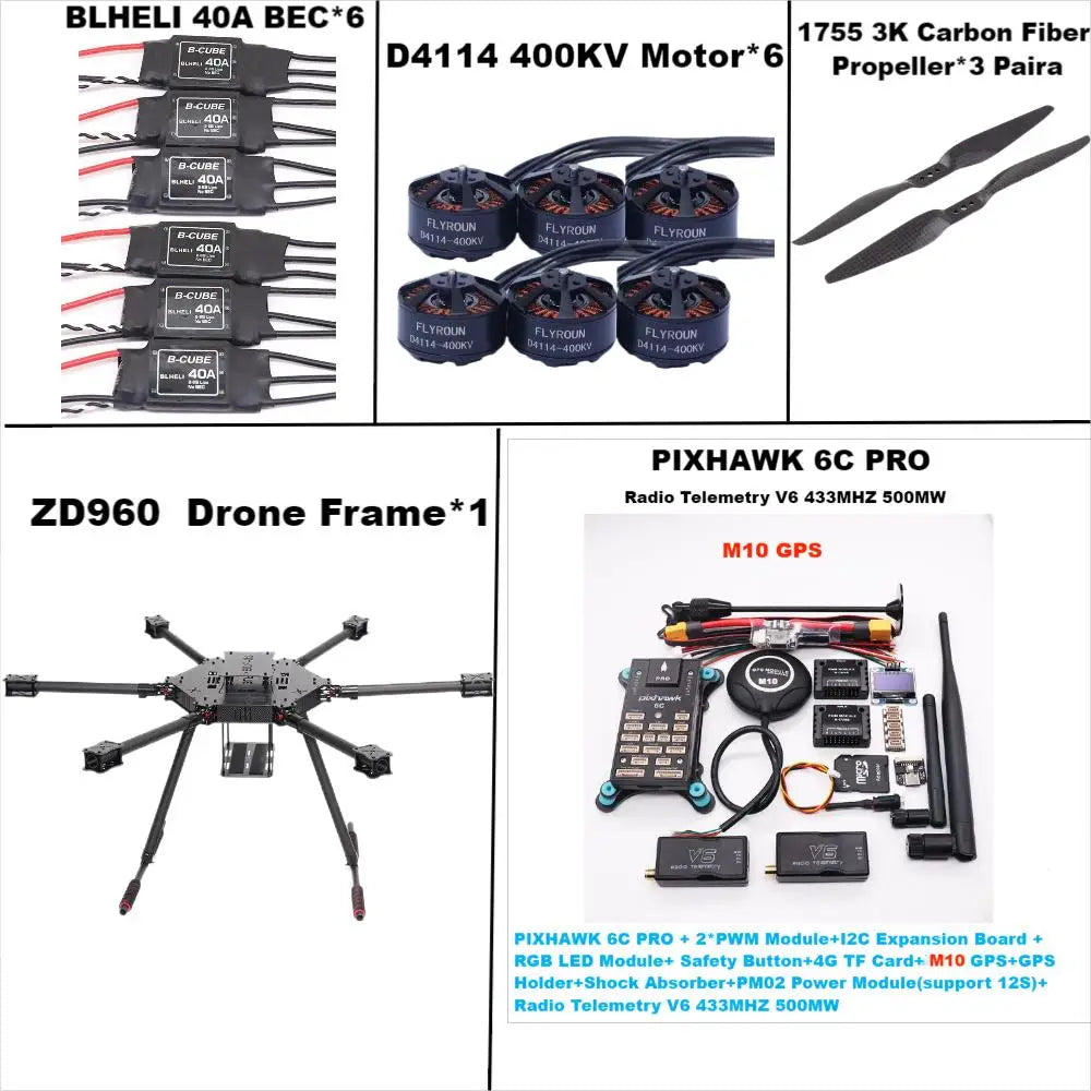 Rctosky ZD960 PIXHAWK 6C PRO M10 Full Carbon Fiber  Hexa-Rotor Frame BLHELI 40A ESC Flight Comtrol Rado Telemetry Set