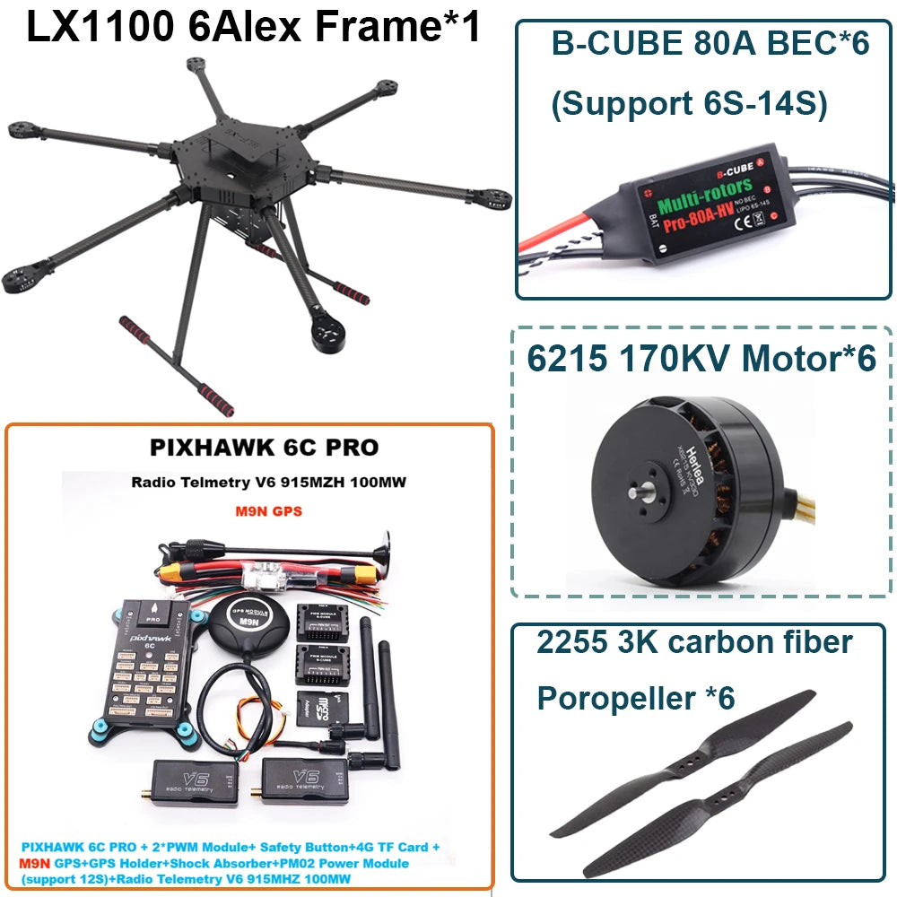 FPV LX1100 6C PRO M8N M9N M10 Full Carbon Fiber1100mm Hexa-Rotor Frame B-CUBE 80A ESC PX4 Pixhawk Flight Control Set 6215 Motor