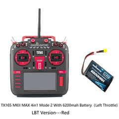 Red RadioMaster TX16S MKII MAX 4in1 Mode 2 LBT transmitter with 6200mAh battery, front view