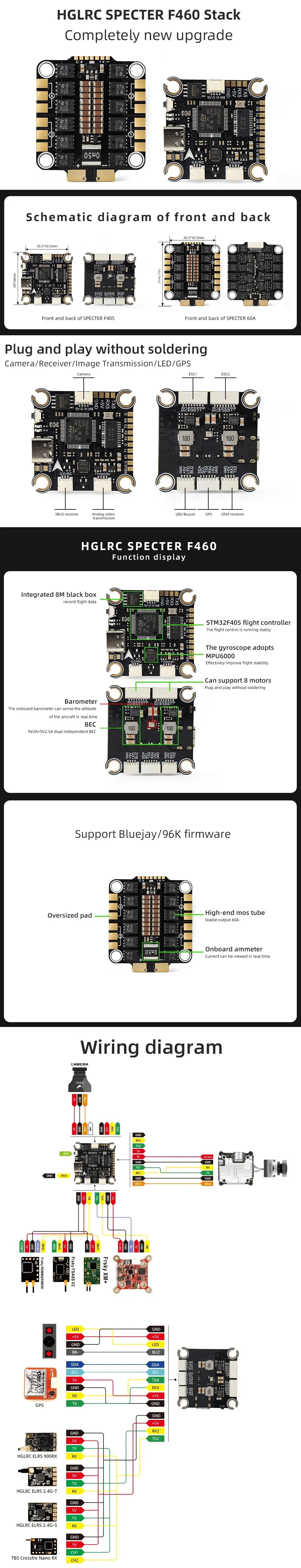 HGLRC SPECTER F460 2-6S 30X30mm Stack F405 V2 MPU6000 Flight Controller BLHELI_S 60A 4in1 ESC For FPV Freestyle Drone