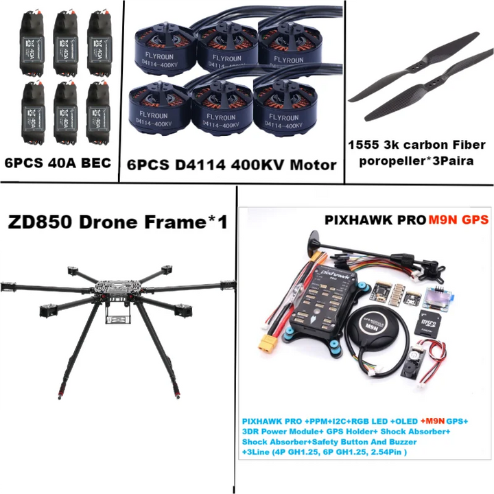 Rctosky ZD850 PRO M8N/M9N/M10 Full Carbon Fiber 850mm Hexa-Rotor Frame BLHELI 40A ESC PIXHAWK Flight Comtrol Rado Telemetry Set