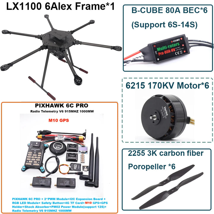FPV LX1100 6C PRO M8N M9N M10 Full Carbon Fiber1100mm Hexa-Rotor Frame B-CUBE 80A ESC PX4 Pixhawk Flight Control Set 6215 Motor
