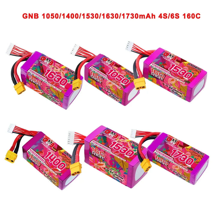 Gaoneng GNB 160C LiPo Battery XT60 — 4S & 6S, 1050-1730mAh for 3-6" FPV Drones