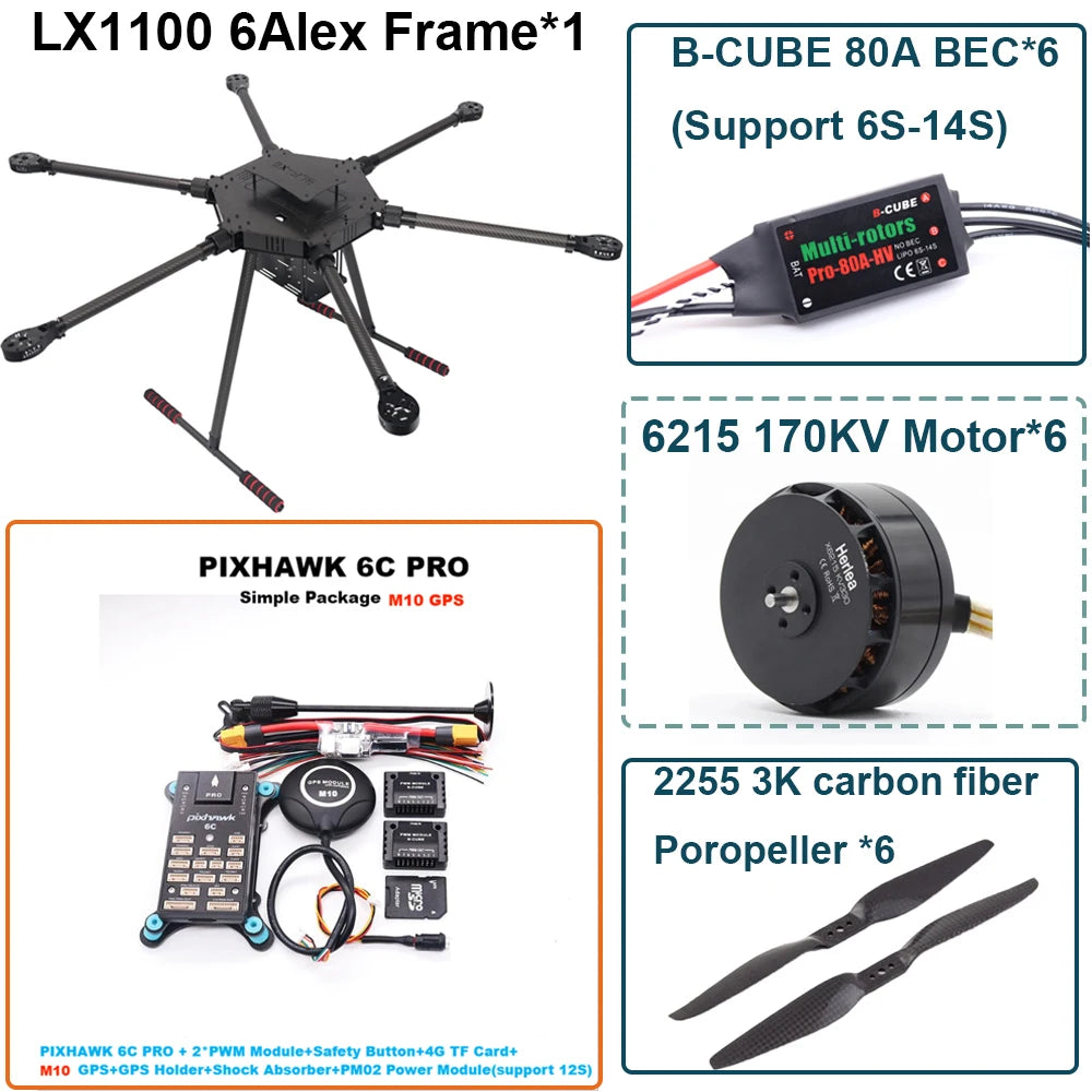FPV LX1100 6C PRO M8N M9N M10 Full Carbon Fiber1100mm Hexa-Rotor Frame B-CUBE 80A ESC PX4 Pixhawk Flight Control Set 6215 Motor