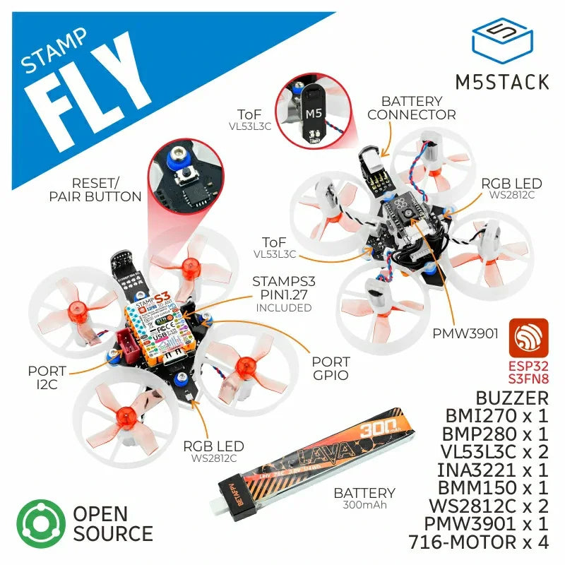 M5STACK Stamp Fly Programmable Open-source Quadcopter Development Board Kit M5StampS3 main controller