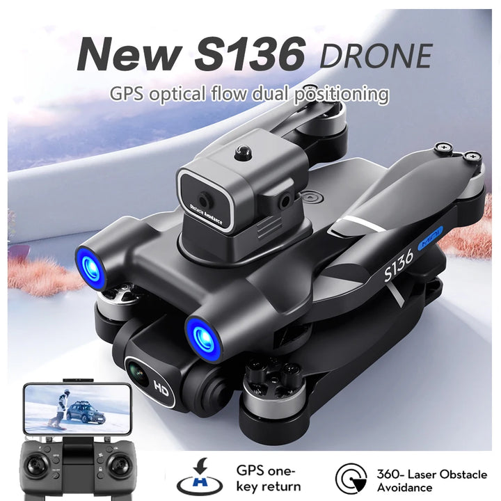 S136 Drone WIFI GPS Brushless Motor 360° Laser Obstacle Avoidance Optical flow localization 4K HD Dual Camera RC Quadcopter Toys