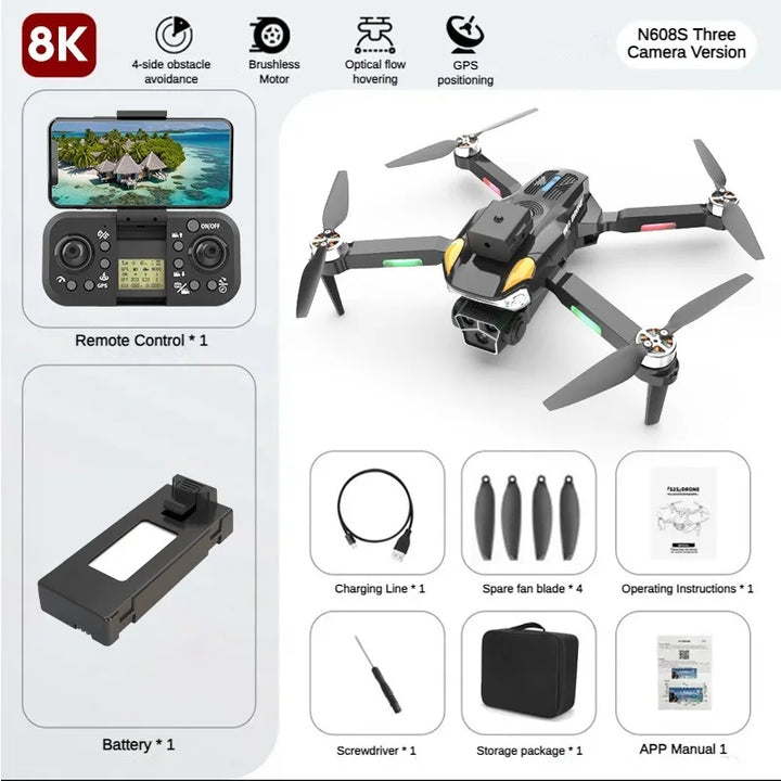 N608S Mini Drone 8K Brushless Three Camera Optical Flow 5G WIFI FPV 4K Dual Camera Drones RC Quadcopter Dron Mini Drone Toys