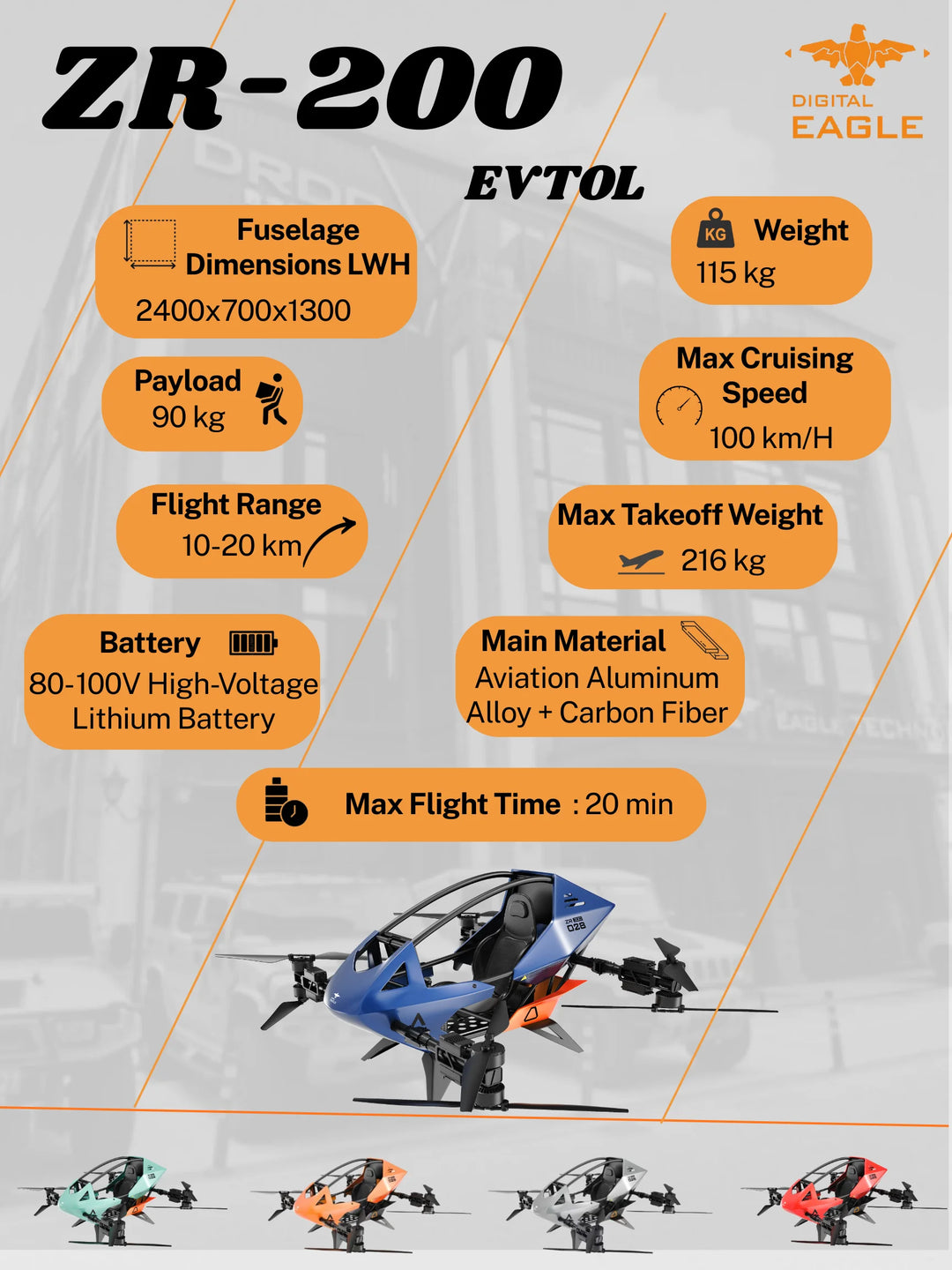 Digital Eagle ZR200 Personal eVTOL Aircraft — Fixed-Wing VTOL, 20-Minute Flight Time, 60 kg Payload