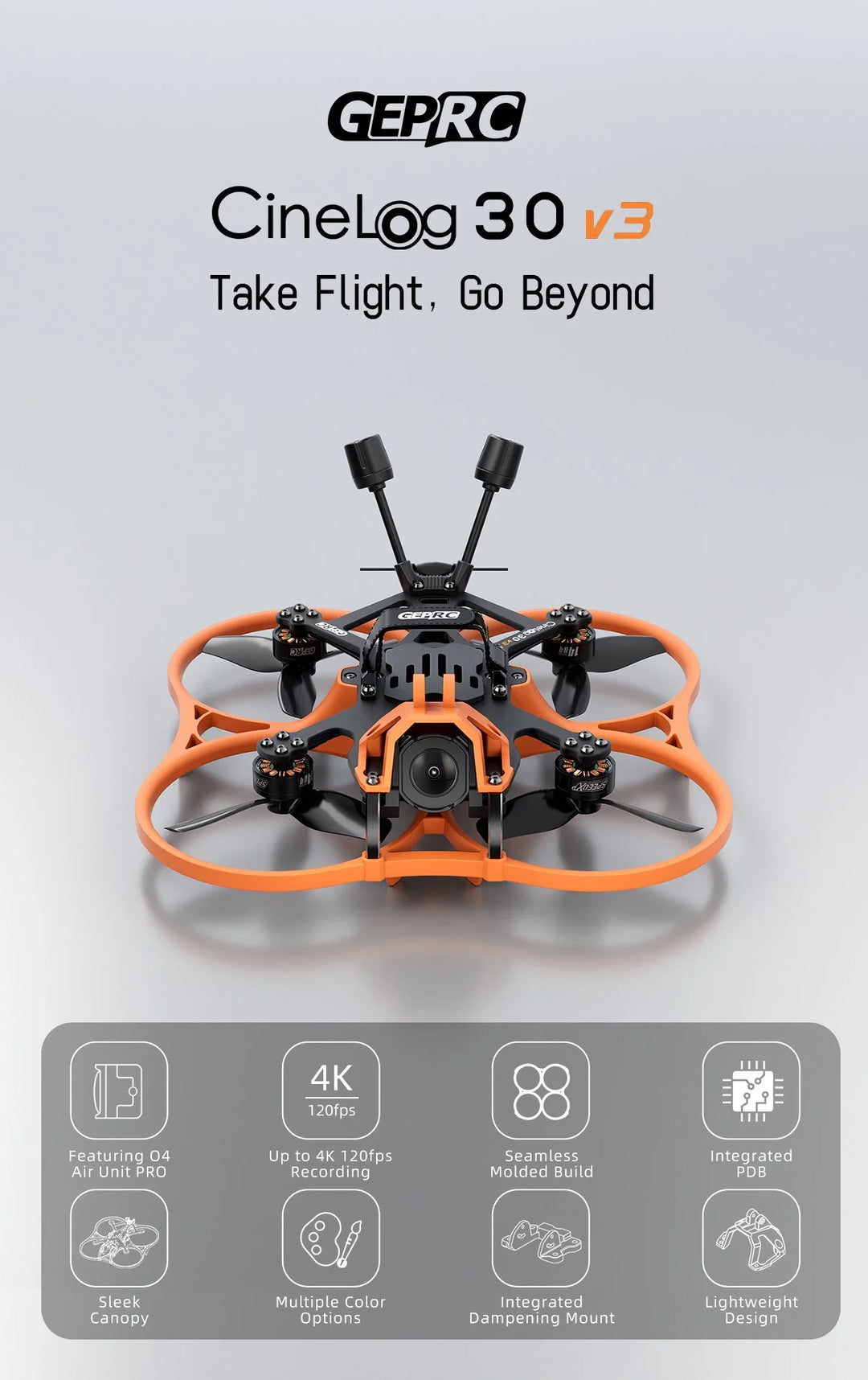 GEPRC Cinelog30 V3 O4 Pro Air Unit Quadcopter 4K HD Record FPV Drone with LED BEC Light/TAKER F722 45A 32-bit AIO/1404 3850KV