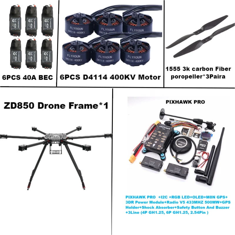 Rctosky ZD850 PRO M8N/M9N/M10 Full Carbon Fiber 850mm Hexa-Rotor Frame BLHELI 40A ESC PIXHAWK Flight Comtrol Rado Telemetry Set