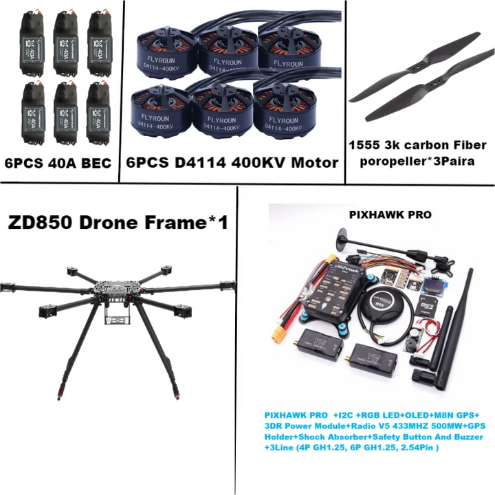 Rctosky ZD850 PRO M8N/M9N/M10 Full Carbon Fiber 850mm Hexa-Rotor Frame BLHELI 40A ESC PIXHAWK Flight Comtrol Rado Telemetry Set