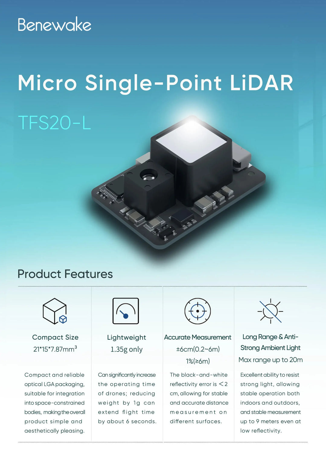 Benewake TFS20-L LiDAR Module 20m Range for Drones and Robots