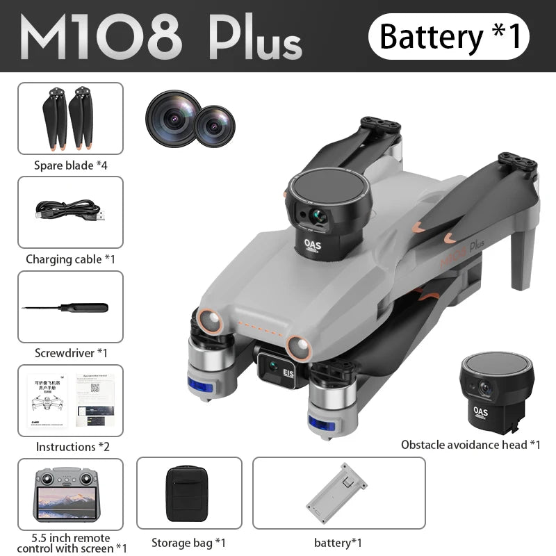 High Quality M108 PLUS GPS Drone 5KM 8K Professional HD Dual Camera 3-Axis Gimbal 360 Oas Touch Screen Brushless Drone