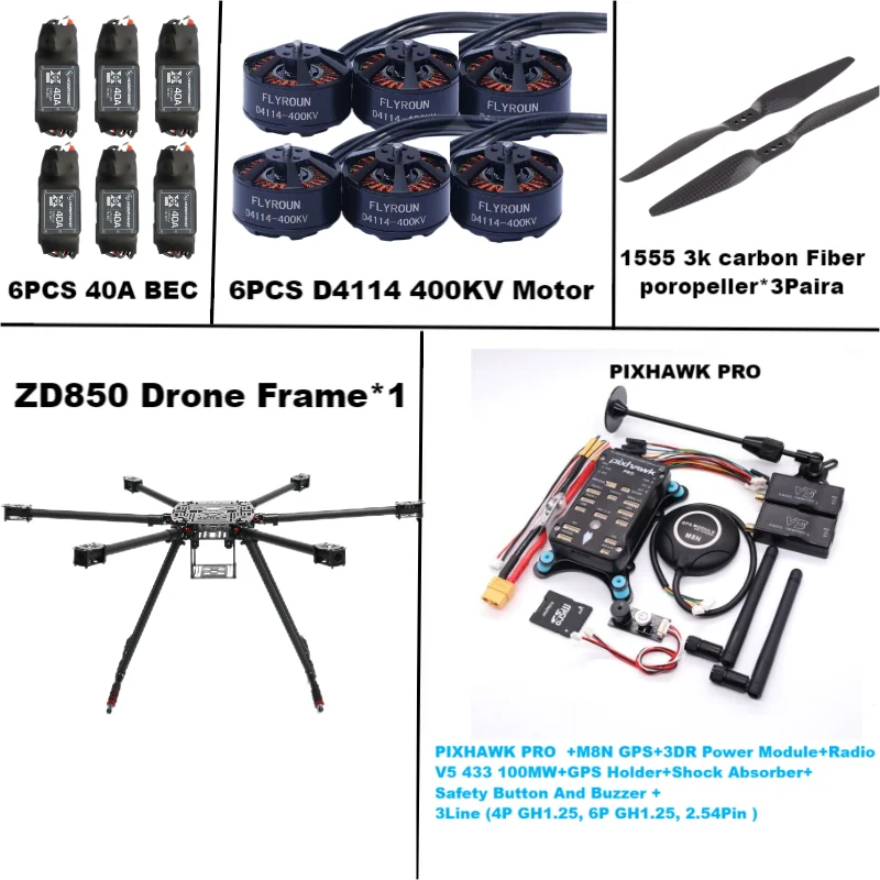 Rctosky ZD850 PRO M8N/M9N/M10 Full Carbon Fiber 850mm Hexa-Rotor Frame BLHELI 40A ESC PIXHAWK Flight Comtrol Rado Telemetry Set