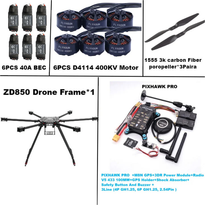 Rctosky ZD850 PRO M8N/M9N/M10 Full Carbon Fiber 850mm Hexa-Rotor Frame BLHELI 40A ESC PIXHAWK Flight Comtrol Rado Telemetry Set