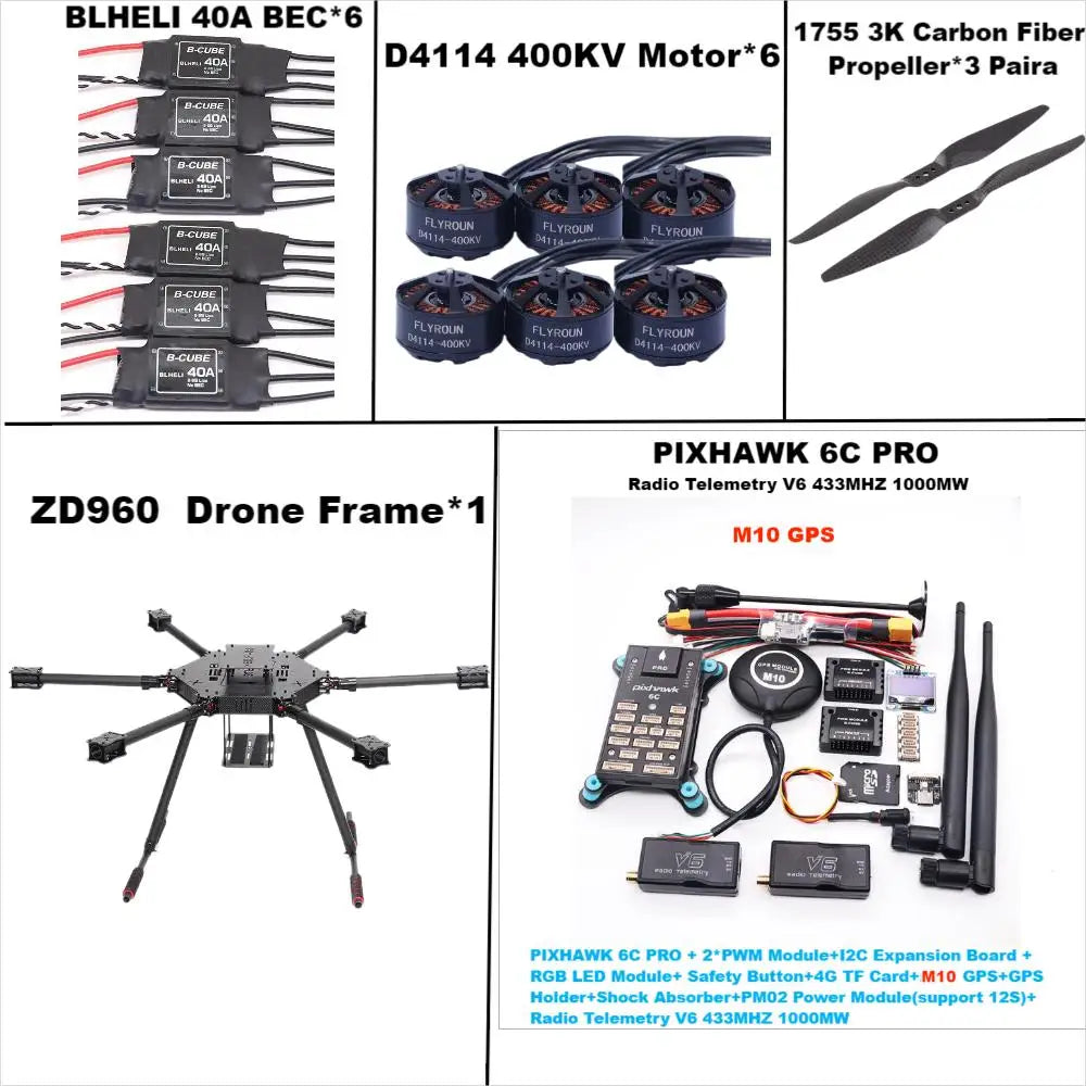 Rctosky ZD960 PIXHAWK 6C PRO M10 Full Carbon Fiber  Hexa-Rotor Frame BLHELI 40A ESC Flight Comtrol Rado Telemetry Set