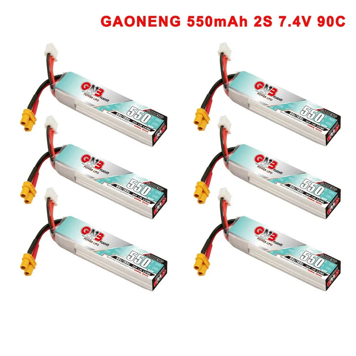 Gaoneng GNB 550mAh 2S 7.4V 90C Slender LiPo Battery XT30 — 1-6 Pack for Micro FPV