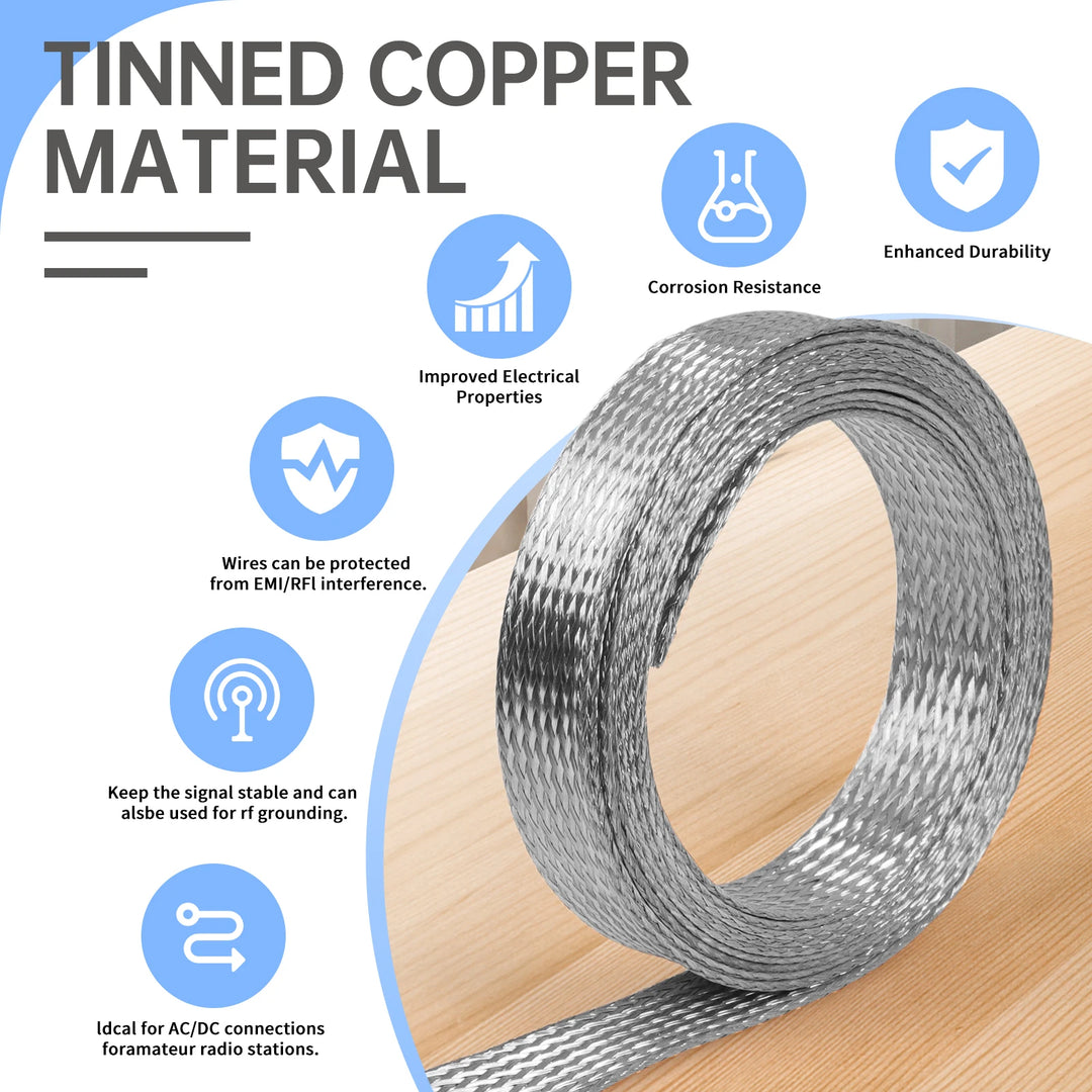 Pure & Tinned Copper Braided Shielded Sleeve — 2–28mm, 1/5/10m, EMI RF Shielding for FPV, Audio, Automotive
