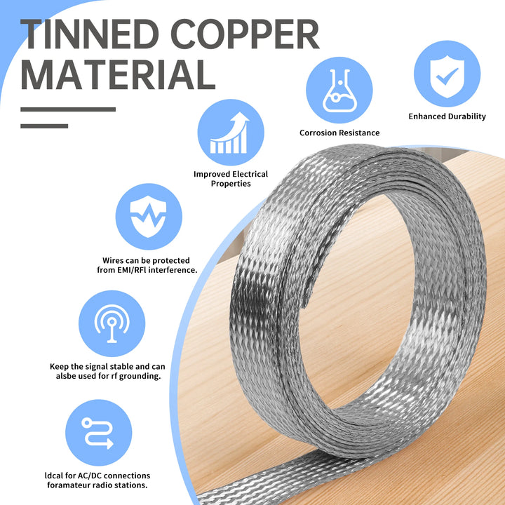 Pure & Tinned Copper Braided Shielded Sleeve — 2–28mm, 1/5/10m, EMI RF Shielding for FPV, Audio, Automotive