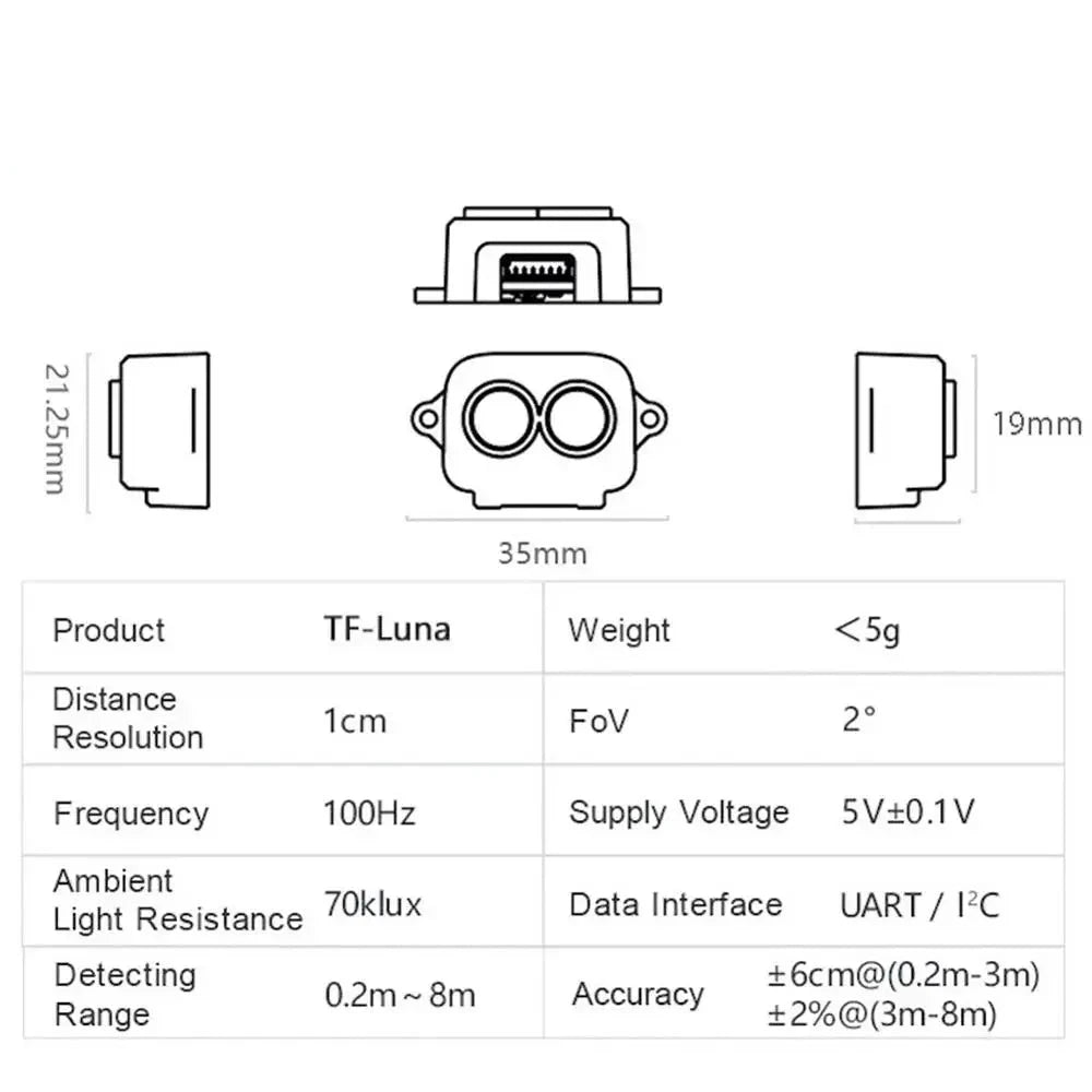 Benewake TF-Luna LiDAR Rangefinder — 0.2–8m, UART/I2C, 250Hz, VCSEL 850nm, for Pixhawk, ArduPilot & Arduino UAV