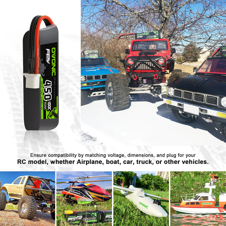 OVONIC 7.6V 100C 450mAh 2S Lipo Battery Long Size with XT30 Plug [1 Package Including 2 Batteries]