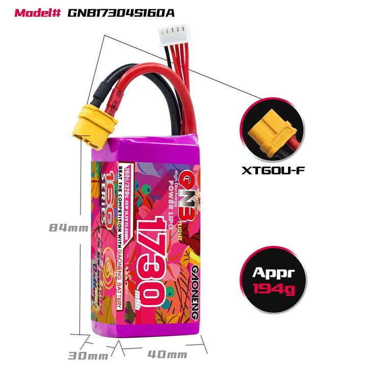 Gaoneng GNB 160C LiPo Battery XT60 — 4S & 6S, 1050-1730mAh for 3-6" FPV Drones