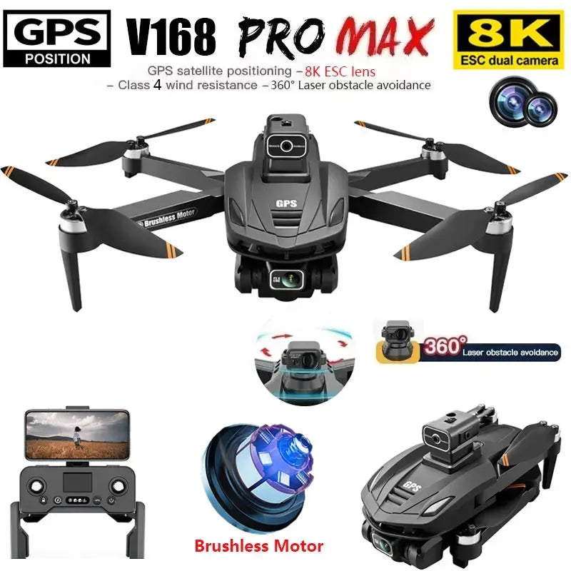 V168 Pro MAX GPS Drone 8K Professional Dual HD Camera 5G WIFI FPV 360° Obstacle Avoidance Brushless Rc Quadcopter Drones Toys